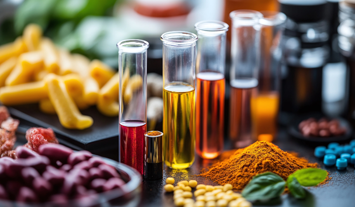 Tubes à essai colorés et épices Des tubes à essai colorés, remplis de différents liquides, entourés de divers ingrédients alimentaires et épices, y compris des pâtes, des herbes et de la poudre de curcuma.