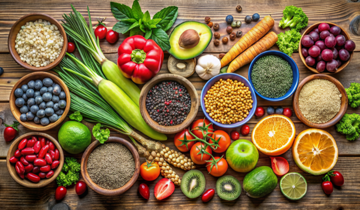 Variété d'aliments frais et colorés Une variété d'aliments frais et colorés est disposée sur une table en bois. On peut voir des poivrons rouges, des avocats, des carottes, des raisins, des moitiés d'oranges, des tomates, des épis de maïs et diverses baies. Des bols contiennent des épices et des grains. La disposition des aliments est esthétiquement plaisante et montre une variété d'options saines.